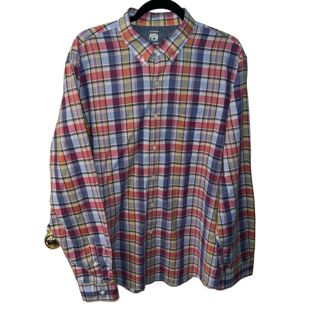 J Crew Tailored Madras Shirt Mens XL Button Front Long Sleeve Blue Plaid preppy